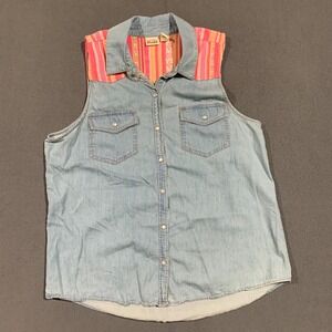 Mudd Womens XL Denim‎ Sleeveless Shirt Top Button Front Western Boho Festival